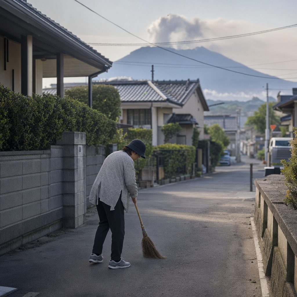 降り積もった火山灰を掃く鹿児島の朝の風景