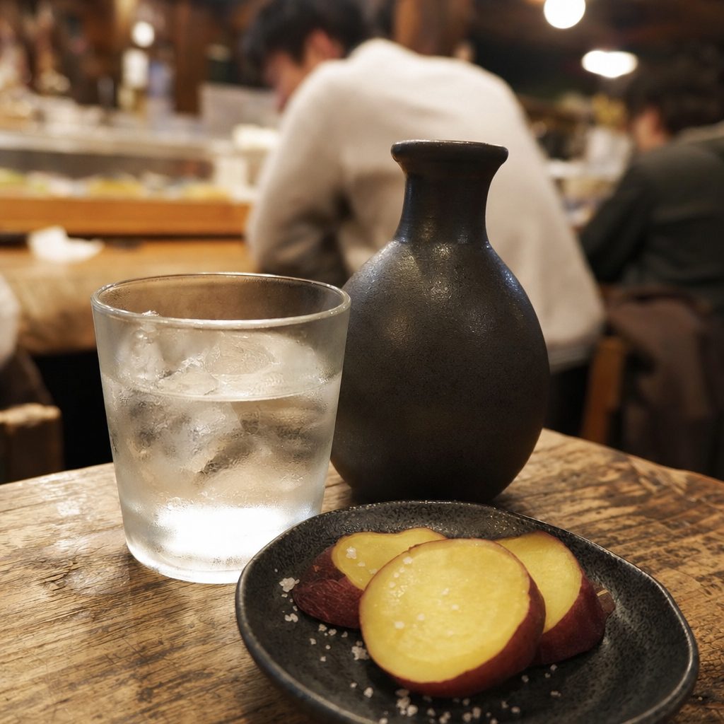 芋焼酎のグラスとさつまいも